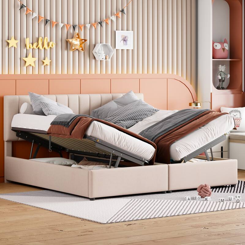 King Size Upholstered Platform Bed with a Hydraulic Storage System, Beige - Beige
