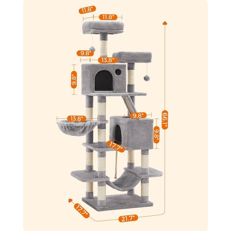 Cat Tree, 66.1-Inch Large Cat Tower with 13 Scratching Posts, 2 Perches, 2 Caves, Basket, Hammock, Pompoms