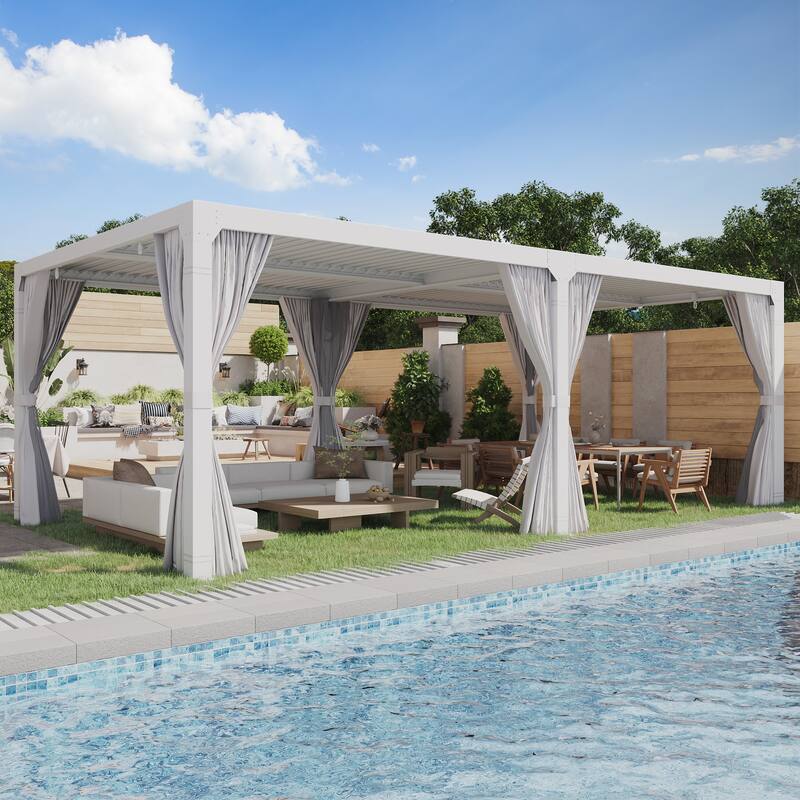 Outdoor Louvered Pergola, Outdoor Patio Hardtop Gazebo, Adjustable Metal Roof Curtains and Netting Included - 12' x 24' - White