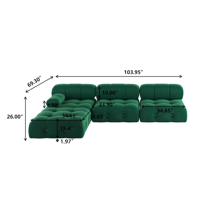 104" Wide Velvet Reversible Modular Sofa & Chaise with Ottoman