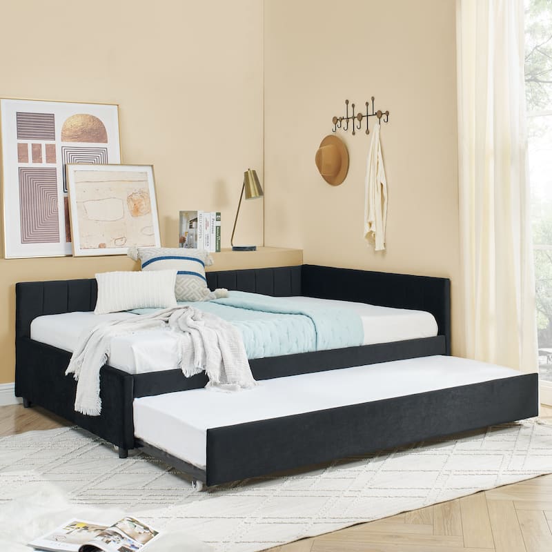Full Size Upholstered Daybed with Trundle Bed, Velvet Fabric Tufted Sofa Bed Frame with Comfortable Backrest and Armrests