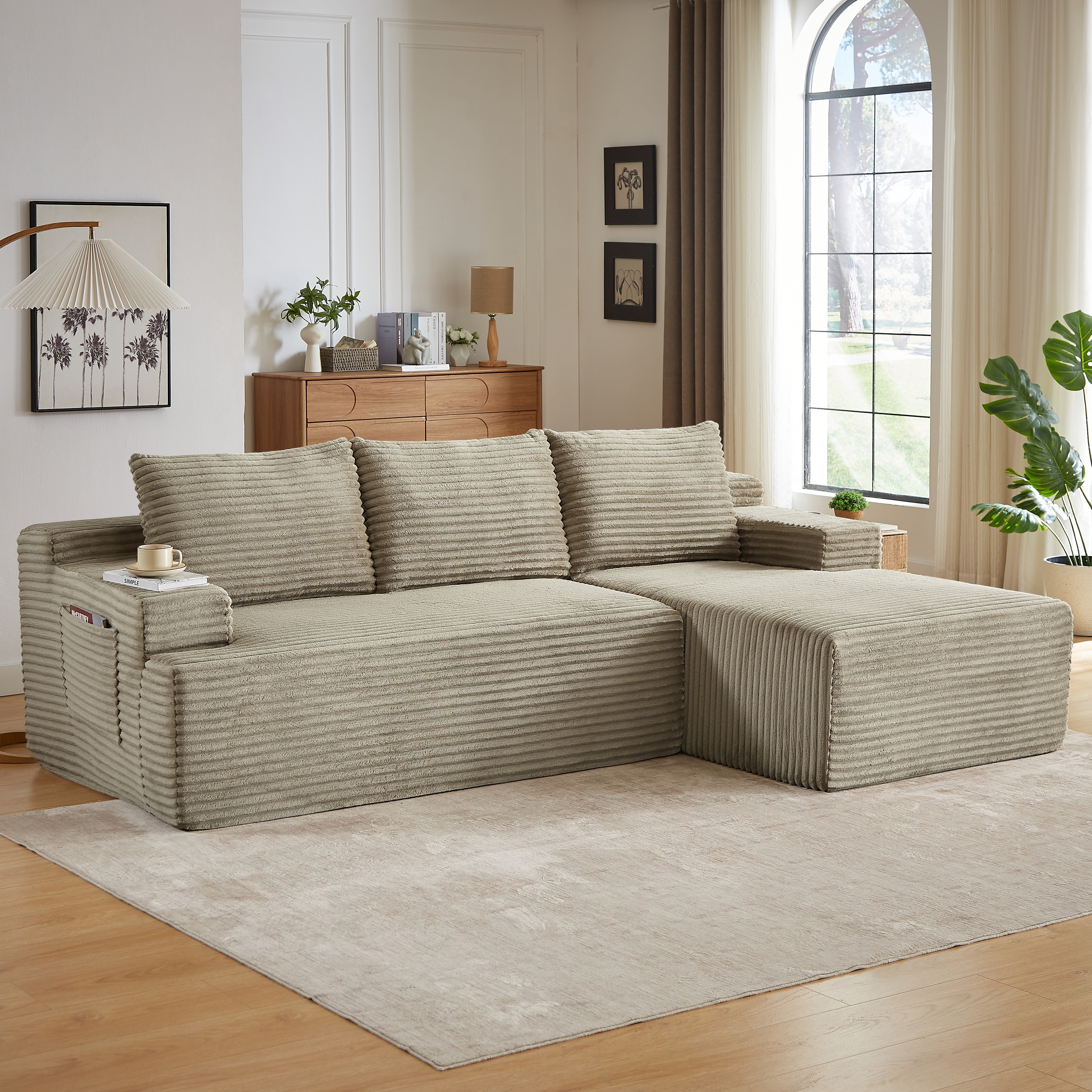 L-Shaped Modular Sectional Sofa with Chaise Lounge, Comfy Corduroy Deep Seat Cloud Couch, Compressed 4 Seat Corner Sofa