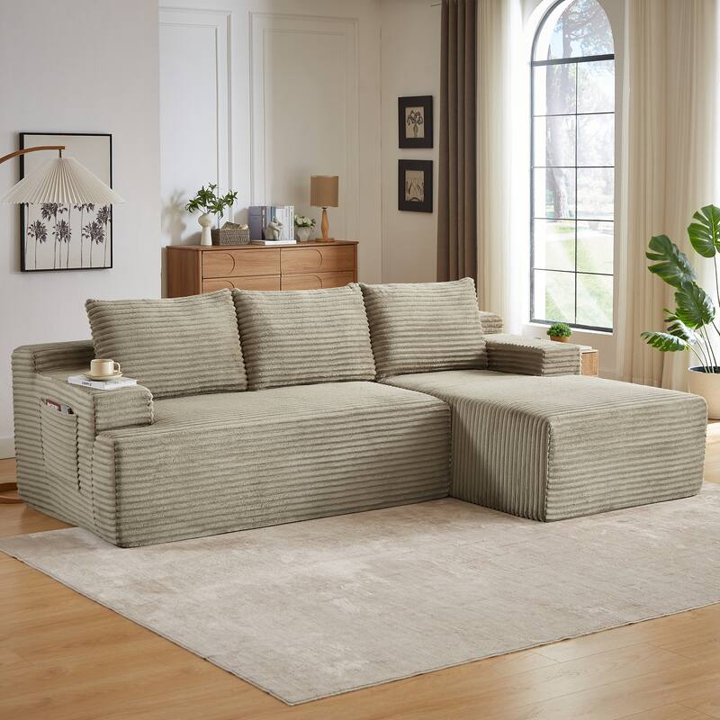 L-Shaped Modular Sectional Sofa with Chaise Lounge, Comfy Corduroy Deep Seat Cloud Couch, Compressed 4 Seat Corner Sofa - Camel