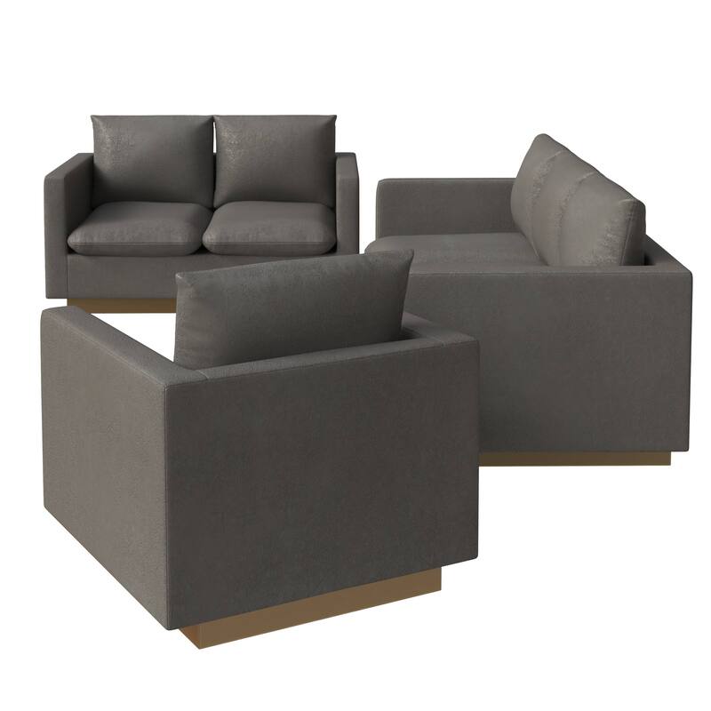 3-Piece Executive Leather Sofa Set with Brushed Gold Stainless Steel Base