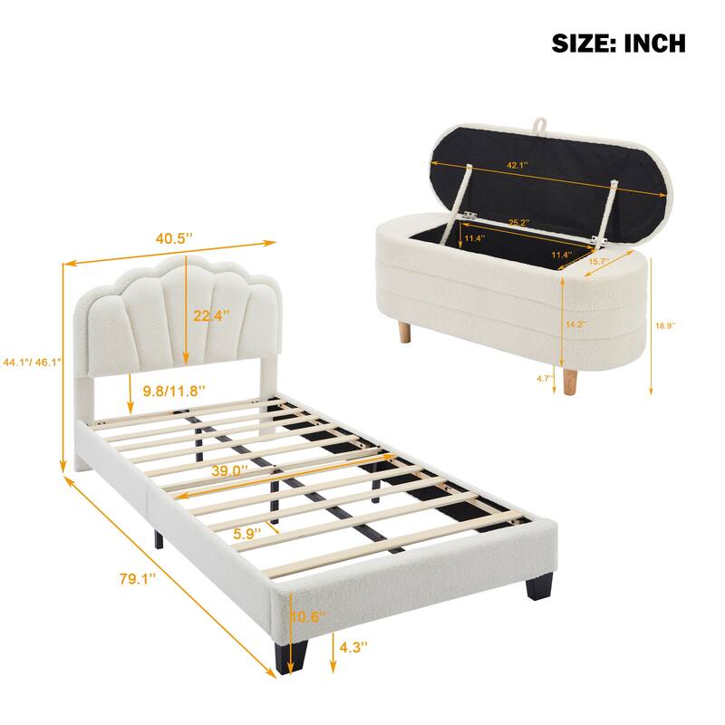 2-Pieces Bedroom Sets, Twin Size Upholstered LED Platform Bed with Storage Ottoman