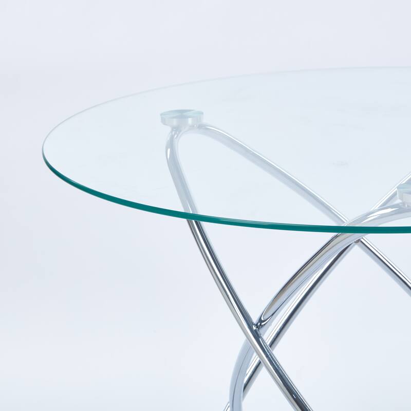 Dining Table With Chrome Metal Leg And Tempered Glass,Kitchen Table For Living Room,Metal Legs