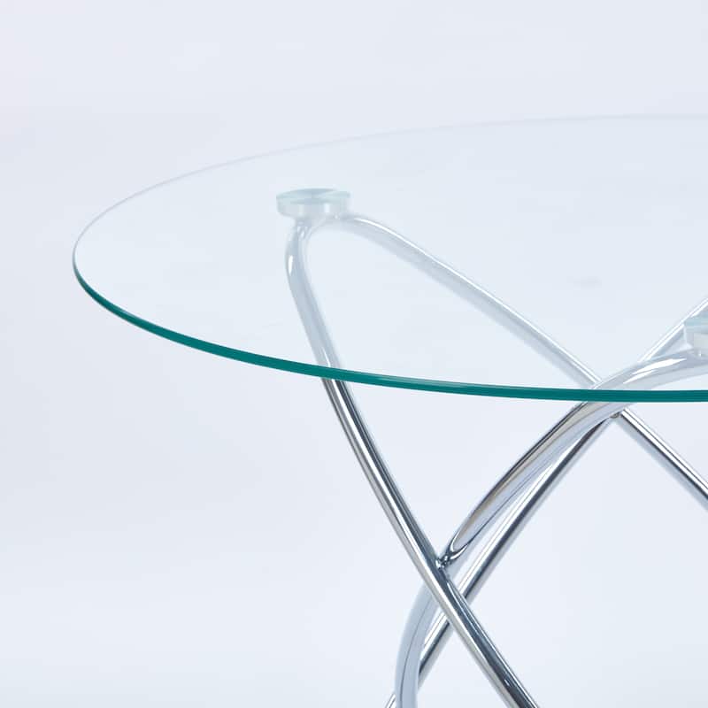 Dining Table with Tempered Glass Top & Metal Legs, Modern Round Kitchen Table for 2-4 People, Coffee Table for Small Space