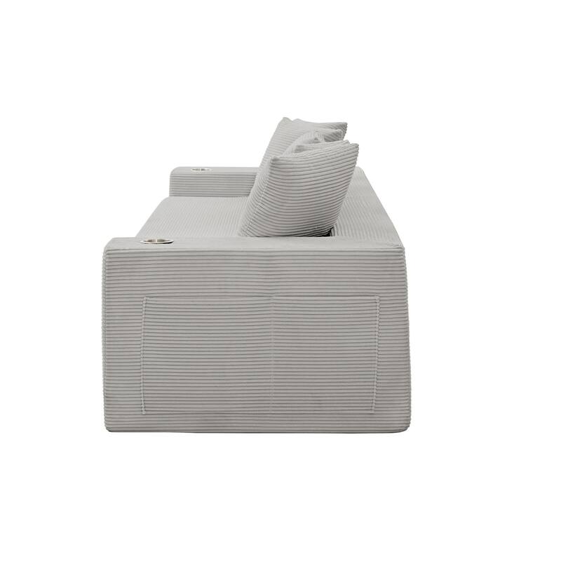 Modern Convertible Loveseat Sofa Bed, Corduroy Fabric Foldable Floor Couch w/5 Pillows, Side Pockets & Cup Holders, No Assembly