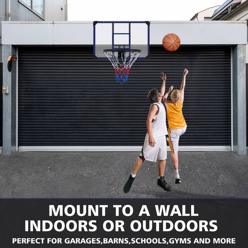 Roomfitters Wall-Mounted Basketball Hoop, 35x24 Inch Shatterproof Backboard, Folding Hoop with All-Weather Mesh, Black+Blue