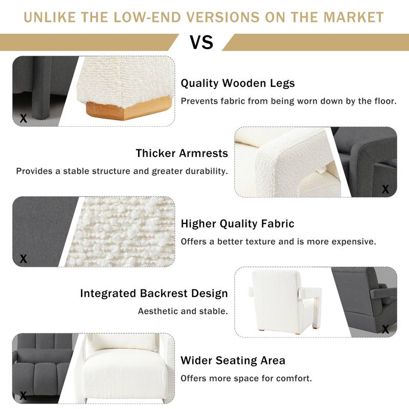 Boucle Accent Chair with Ergonomic Lumbar Support and Square Wooden Legs and Right-Angle Armrests, Inclined Seat