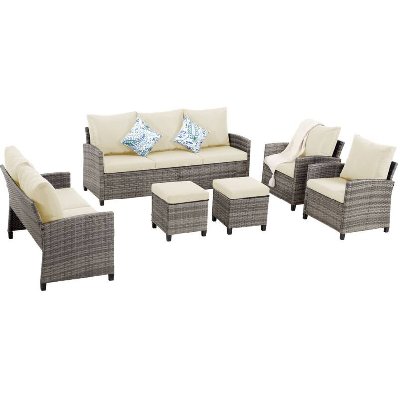 6pcs Wicker Patio Conversation Set Seating Loveseat Sofa with Ottomans