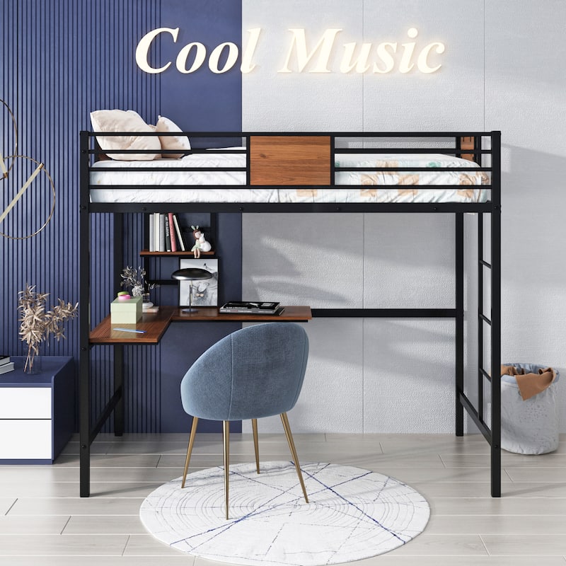 Metal Loft Bed Twin Size with Desk and Shelves
