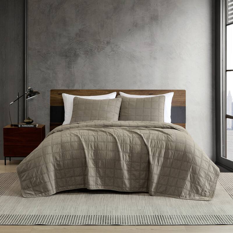 Kenneth Cole Solid Stonewashed Reversible Quilt Set - Brown - Queen