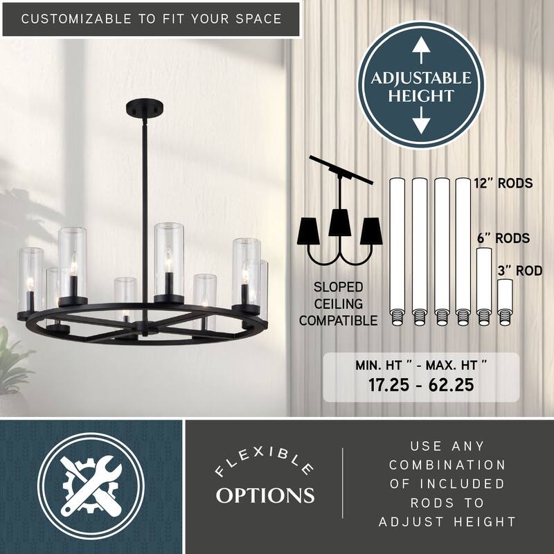 Grantley Wheel Chandelier Light Fixture Clear Glass Shade, LED Compatible, Damp Rated