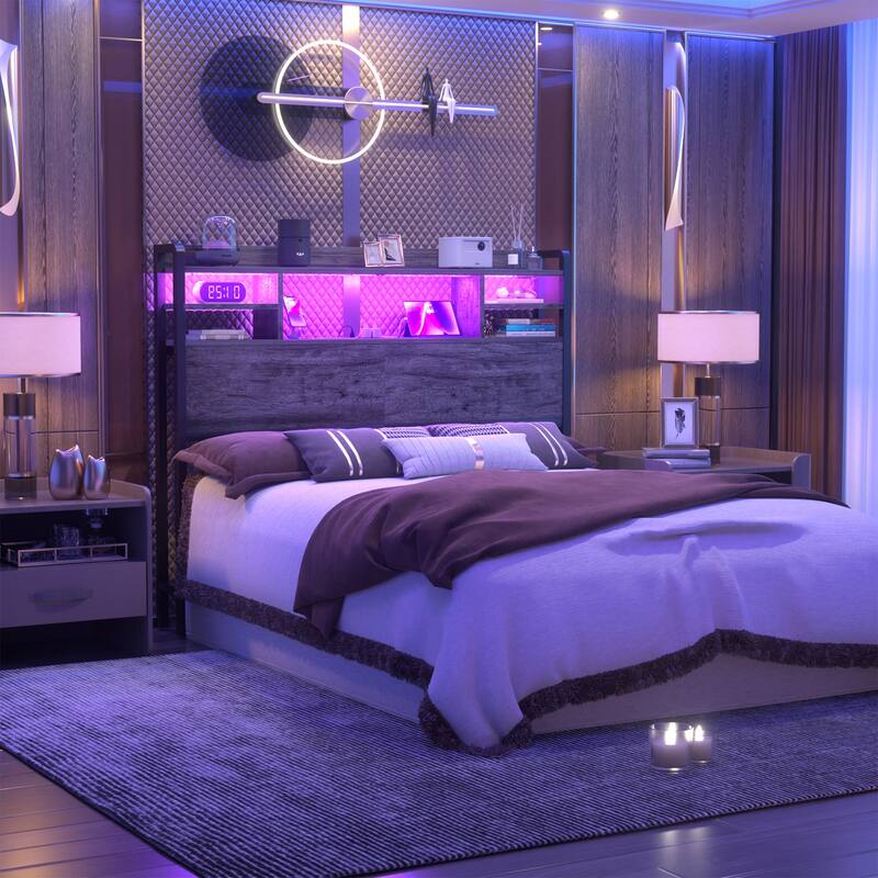 Storage Headboard with USB Port and Power Outlet, Head Board with LED Light for Bed Frame
