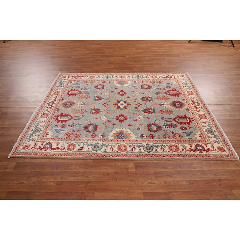 Floral Kazak Area Rug Handmade Traditional Grey Wool Carpet - 5'0" x 6'5"