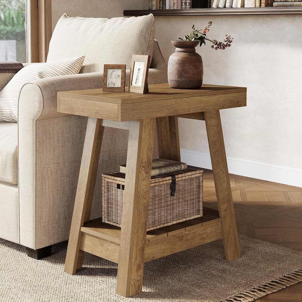 2-Tier End Table, Farmhouse Small Sofa Side Table, Nightstand for Living Room