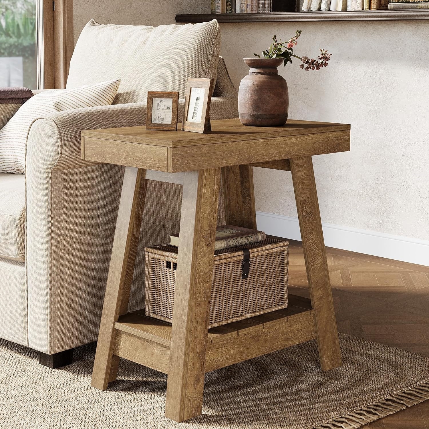 2-Tier End Table, Farmhouse Small Sofa Side Table, Nightstand for Living Room