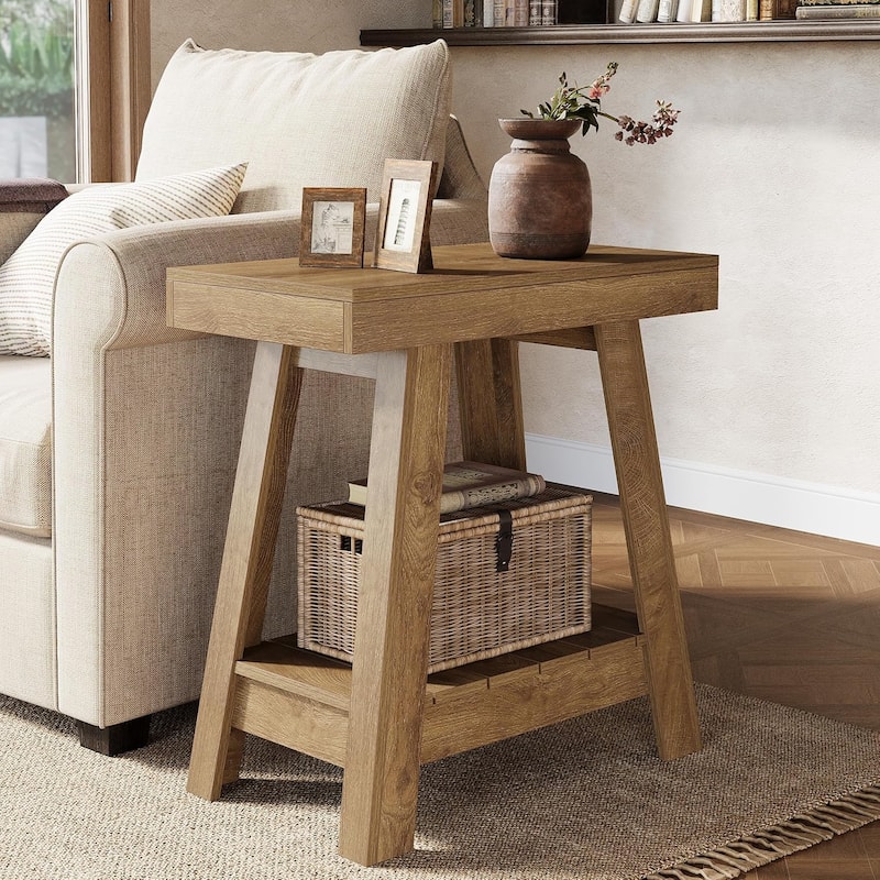 2-Tier Wooden End Table, Farmhouse Small Sofa Side Table with Storage