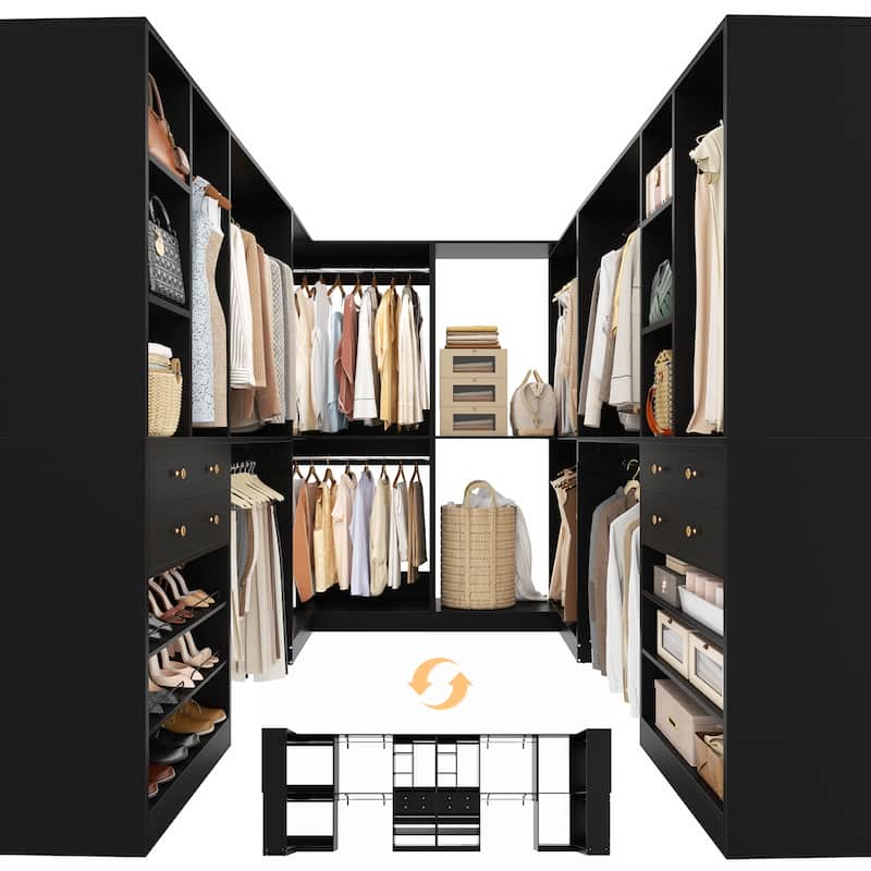Set of 4 U-Shaped Closet Organizer System with Wood Drawers, Amoire Wardrobe with Shoe Racks