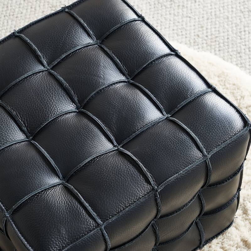 Genuine Leather Tufted Ottoman, High-density Foam Square Footstool, Upholstered Shoe Stool for Living Room, Bedroom - Black