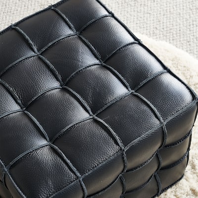Genuine Leather Tufted Ottoman, High-density Foam Square Footstool, Upholstered Shoe Stool for Living Room, Bedroom