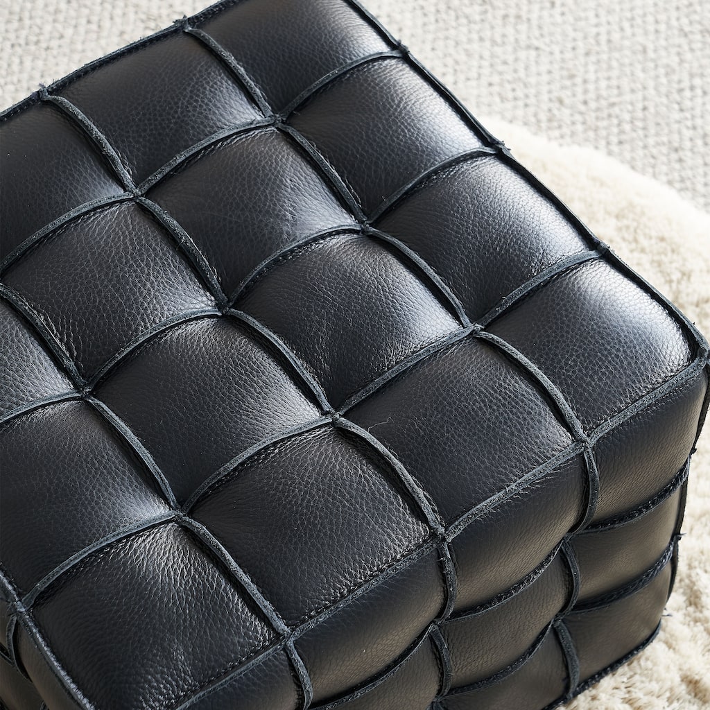 Genuine Leather Tufted Ottoman, High-density Foam Square Footstool, Upholstered Shoe Stool for Living Room, Bedroom