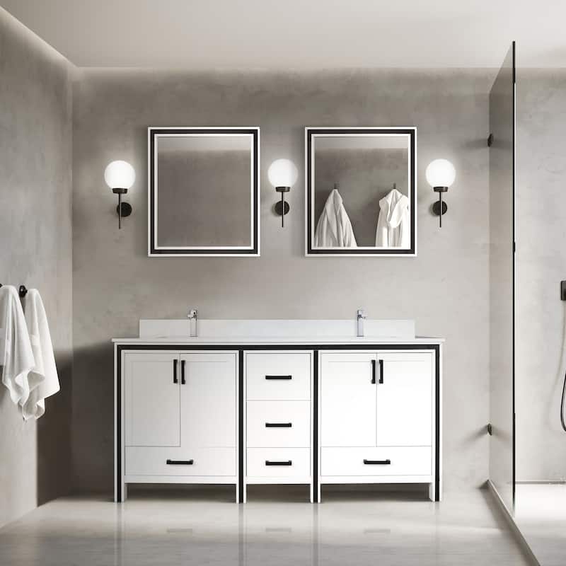 Ziva 72 in W x 22 in D White Double Bath Vanity, White Quartz Top, Faucet Set and 30 in Mirrors