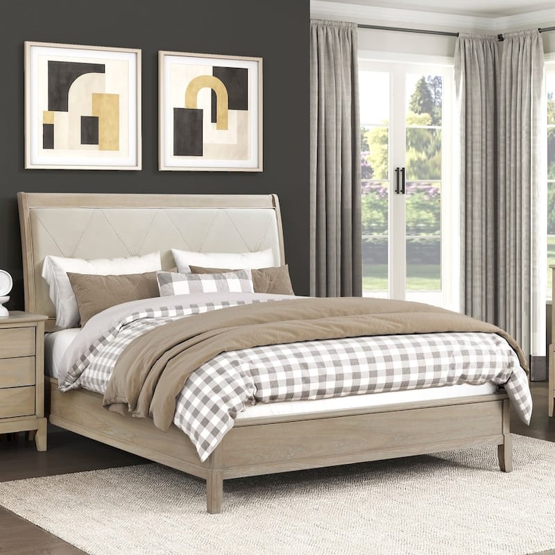 3-Piece Bedroom Furniture Beige Finsh Upholstered Bed Dresser Mirror Set