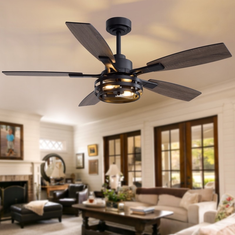 52-inch Modern Farmhouse Black Caged Ceiling Fan with Reversible Wood Blades, Light and Remote - 52in.