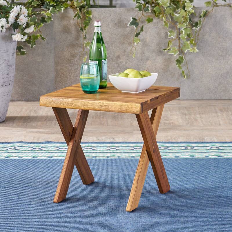 Acacia Wood Side Table with Cross Base - Teak