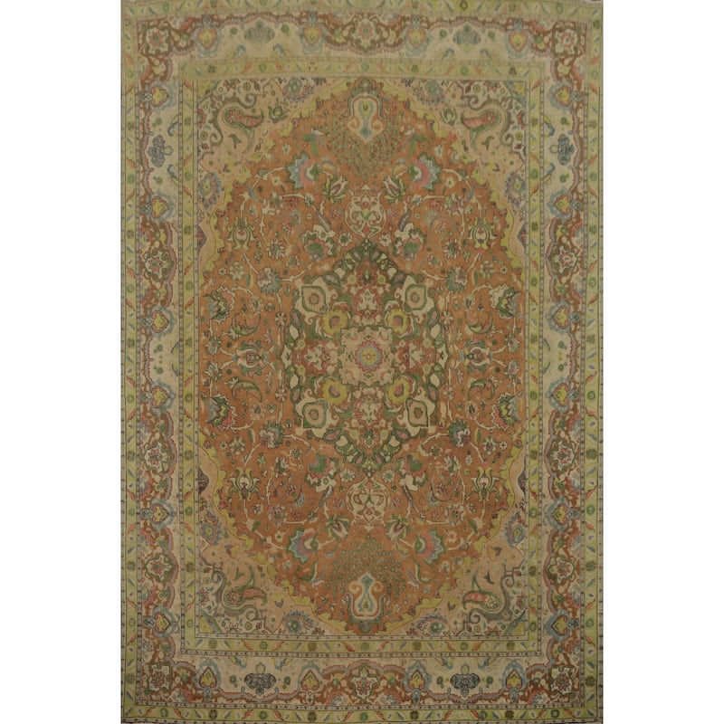 Hand Knotted Oriental 100% Wool Carpet Traditional Floral Oranges & Rust Tabriz Area Rug - 12' 10'' X 9' 9''