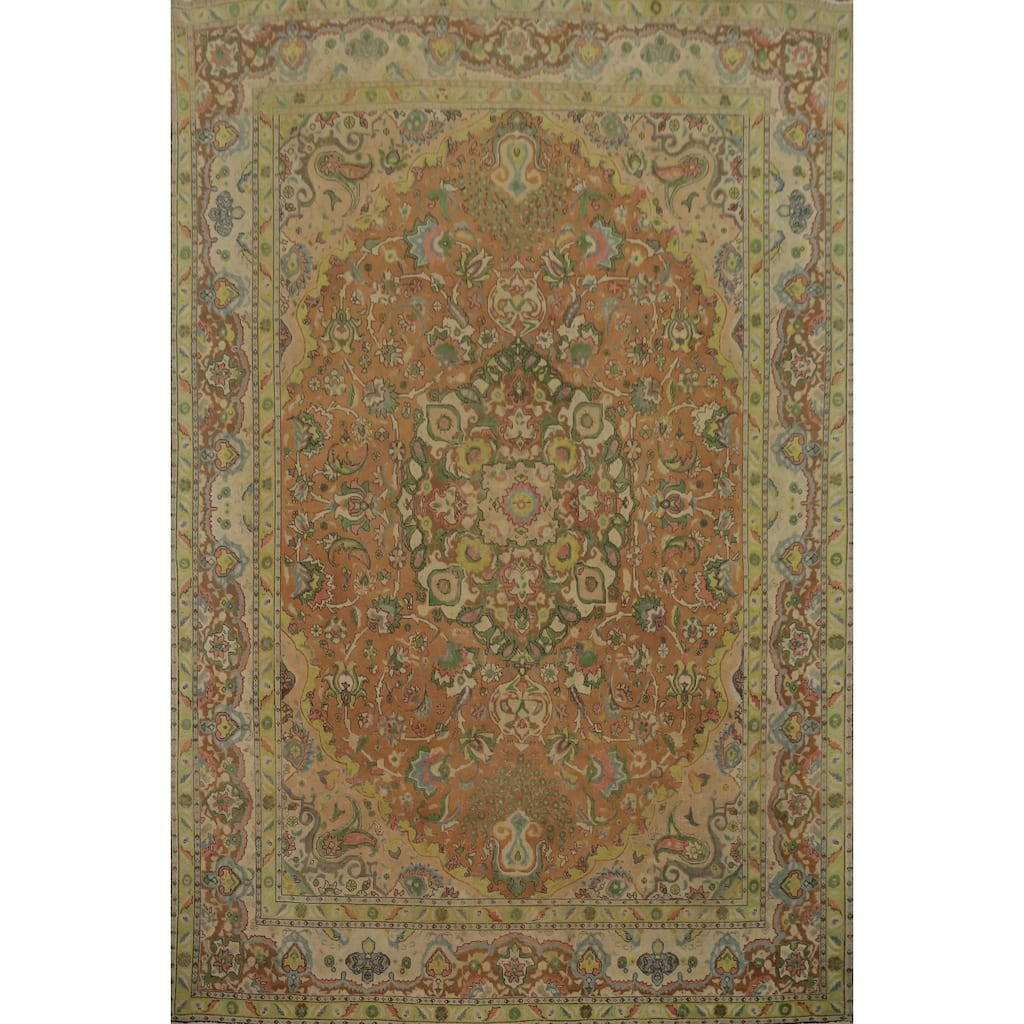 Hand Knotted Oriental 100% Wool Carpet Traditional Floral Oranges & Rust Tabriz Area Rug - 12' 10'' X 9' 9''