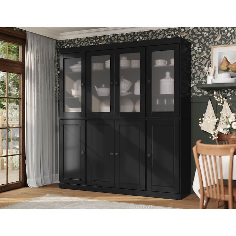100% Solid Wood 65" Pantry China Cabinet with Solid, Frosted Glass Doors and Adjustable Shelves - Black