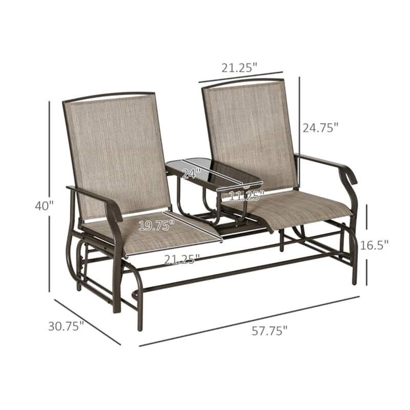Two-Person Outdoor Beige Sling Glider Bench with Center Table and Brown Steel Frame for Patio Seating
