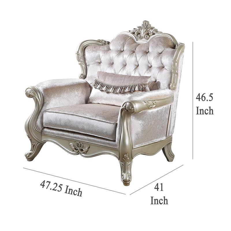 Kerra Accent Chair with Classic Gold Ornate Carvings, Beige Velveteen