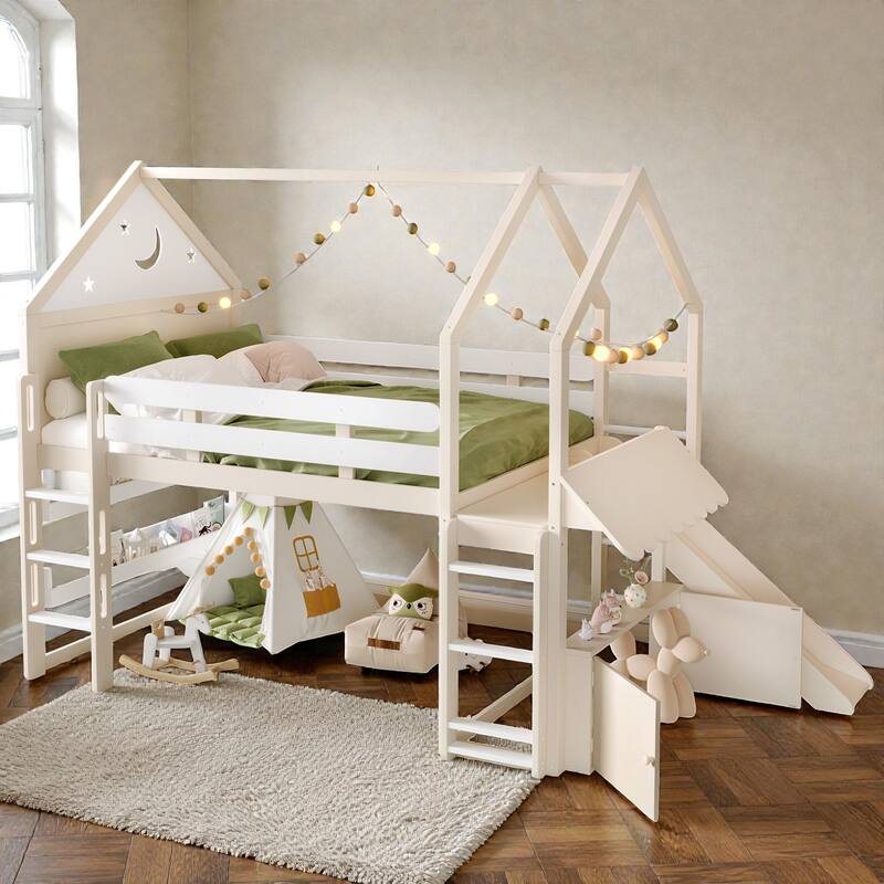 Full Size Kids Loft Bed with Bookshelf and Slide, House-Shaped Play Bed with Stairs, Safety Guardrails - Beige - Full