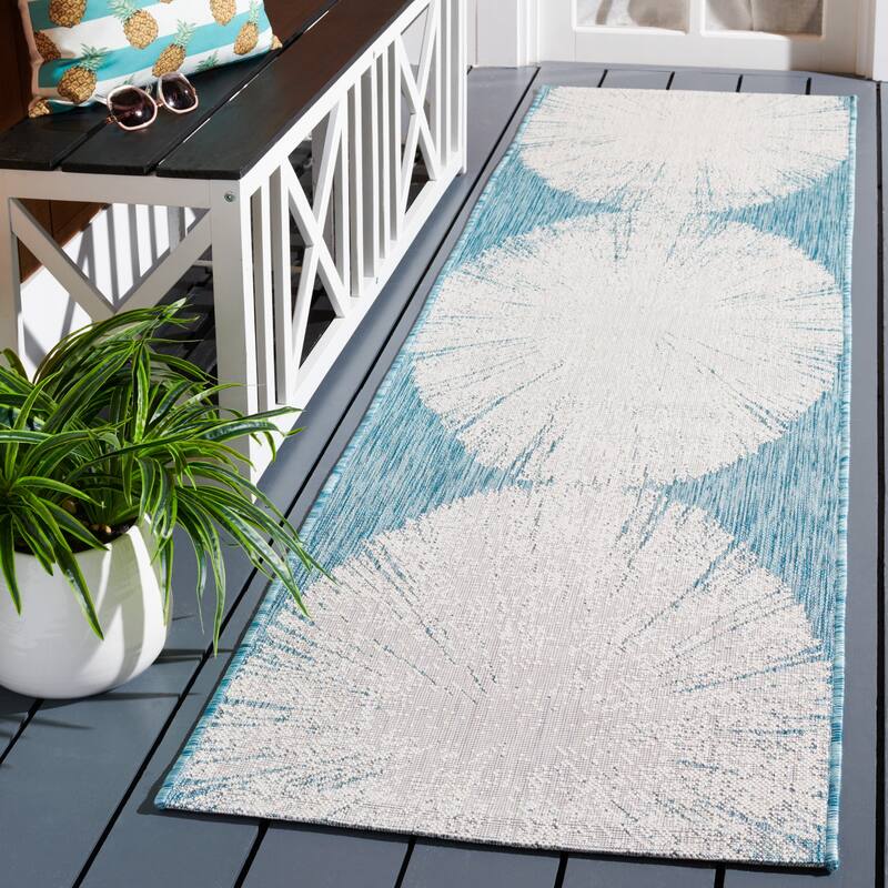 SAFAVIEH Courtyard Sabaha Indoor/Outdoor Waterproof Patio Backyard Rug - 2'3" x 8' Runner - Beige/Aqua