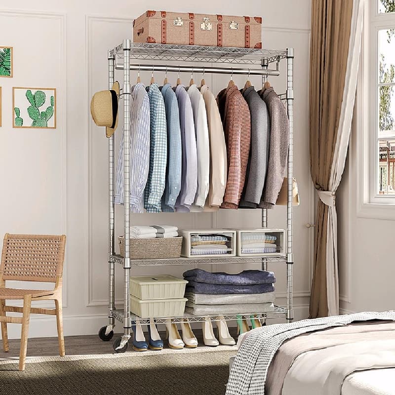 Heavy Duty Rolling Garment Rack with Wheels, 3-Tier Adjustable Wire Shelving, Clothes Rack with Rods & Side Hooks