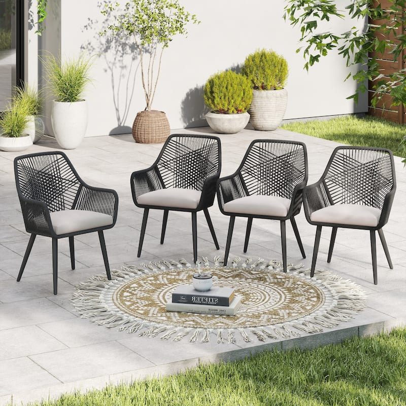 Outdoor Patio Woven Rope Dining Chairs With Armrest and Seat Cushions - 4 Pieces Black