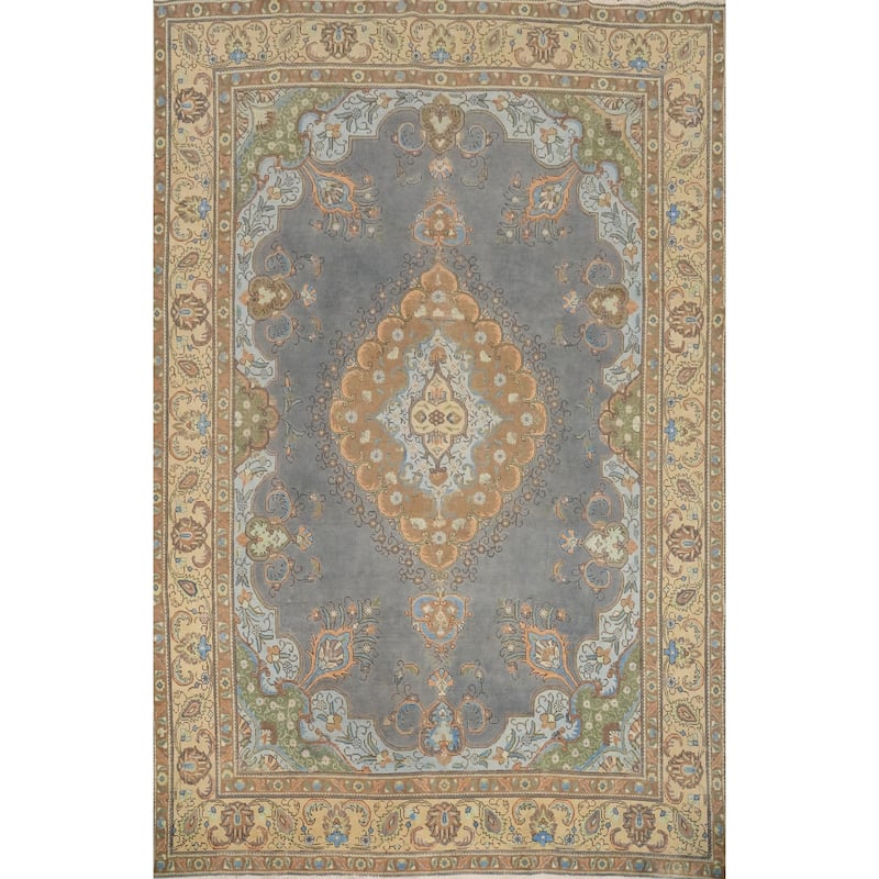 Hand Knotted Oriental 100% Wool Carpet Traditional Floral Greys & Charcoal Tabriz Area Rug - 12' 7'' X 9' 6''