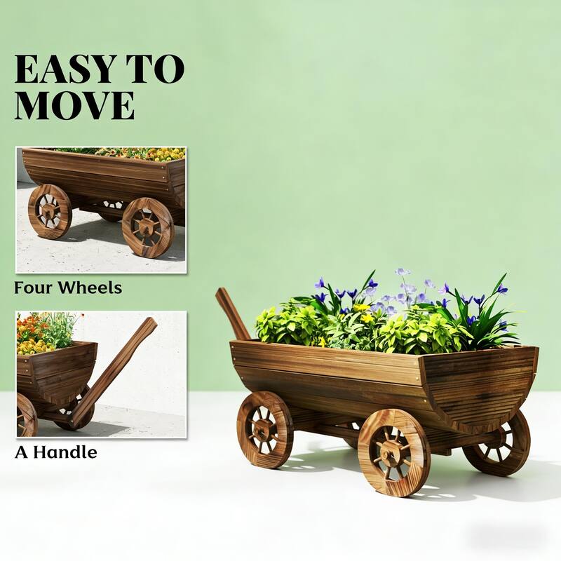 Small Wheelbarrow Wagon Flower Cart, Wooden Mobile Garden Planter