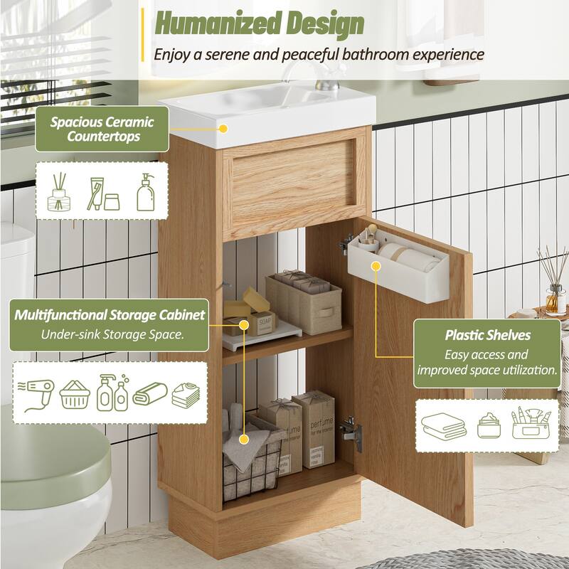 15.75" Bathroom Vanity with Resin Sink, Push-to-Open Door, Adjustable Shelf, and Rustic Wood Grain Finish for Small Spaces