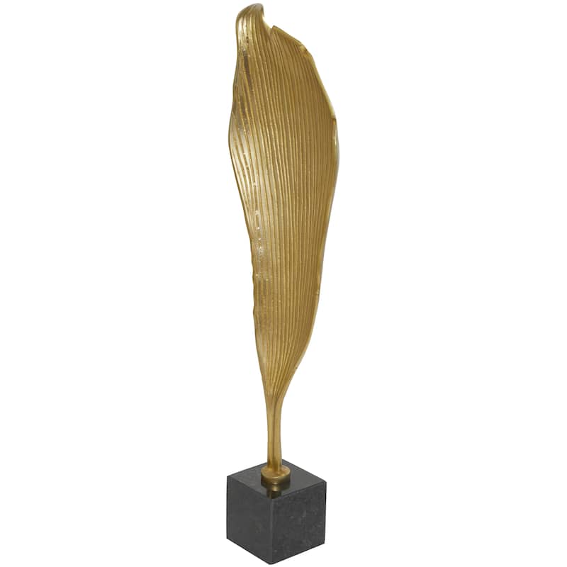 Gold Aluminum Metal Textured Leaf Abstract Sculpture with Black Marble Base