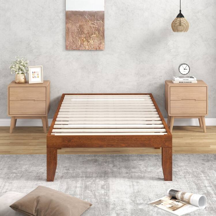 Brown Rubber Wood 14-Inch Twin Size Platform Bed Frame with Wood Slat Support