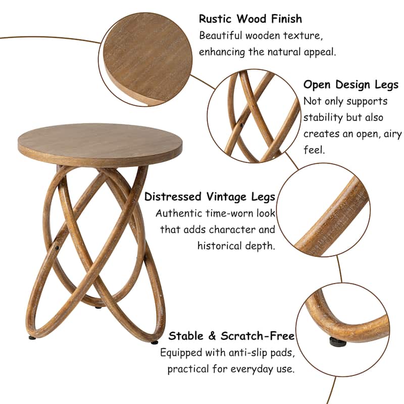 COZAYH Farmhouse End Table Round Wood Side Table Rustic Plant Stand With Intertwined Line Design