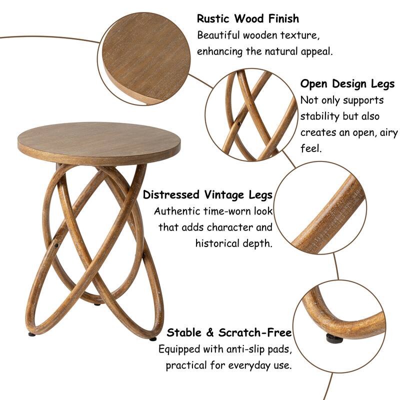 COZAYH Farmhouse End Table Round Wood Side Table Rustic Plant Stand With Intertwined Line Design