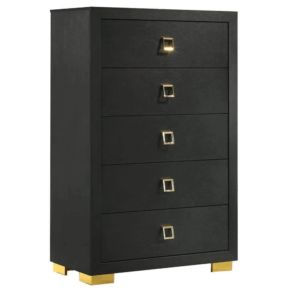 Lati Tall Dresser Chest, 5 Drawers, Black Wood, Gold Metal