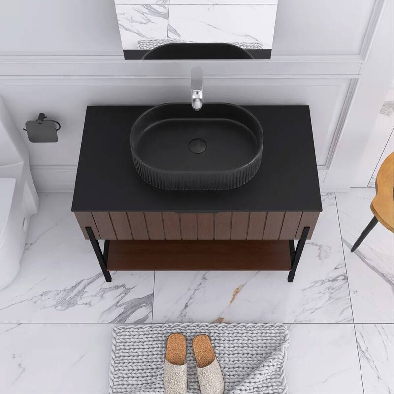 36" Freestanding Bathroom Vanity with Black Ceramic Basin and Open Shelf - 35.83'' x 18.9'' x 33.46''