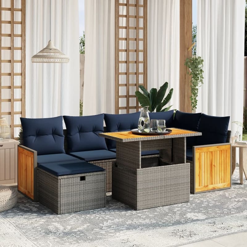 vidaXL Patio Sofa Set with Cushions Outdoor Furniture 7 Piece Poly Rattan - 21.7 x 24.4 x 27.2 - Grey
